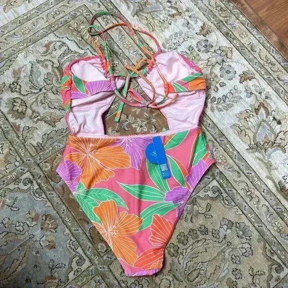 Cupche Swimsuit One Piece Tummy Cutout Tropical Print Cheeky Sz M - Picture 6 of 13